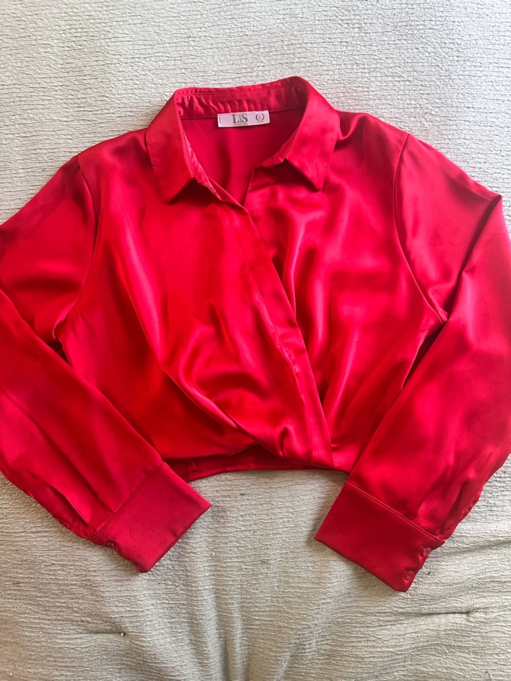 LIS Red Satin Wrap Collar Women's Top